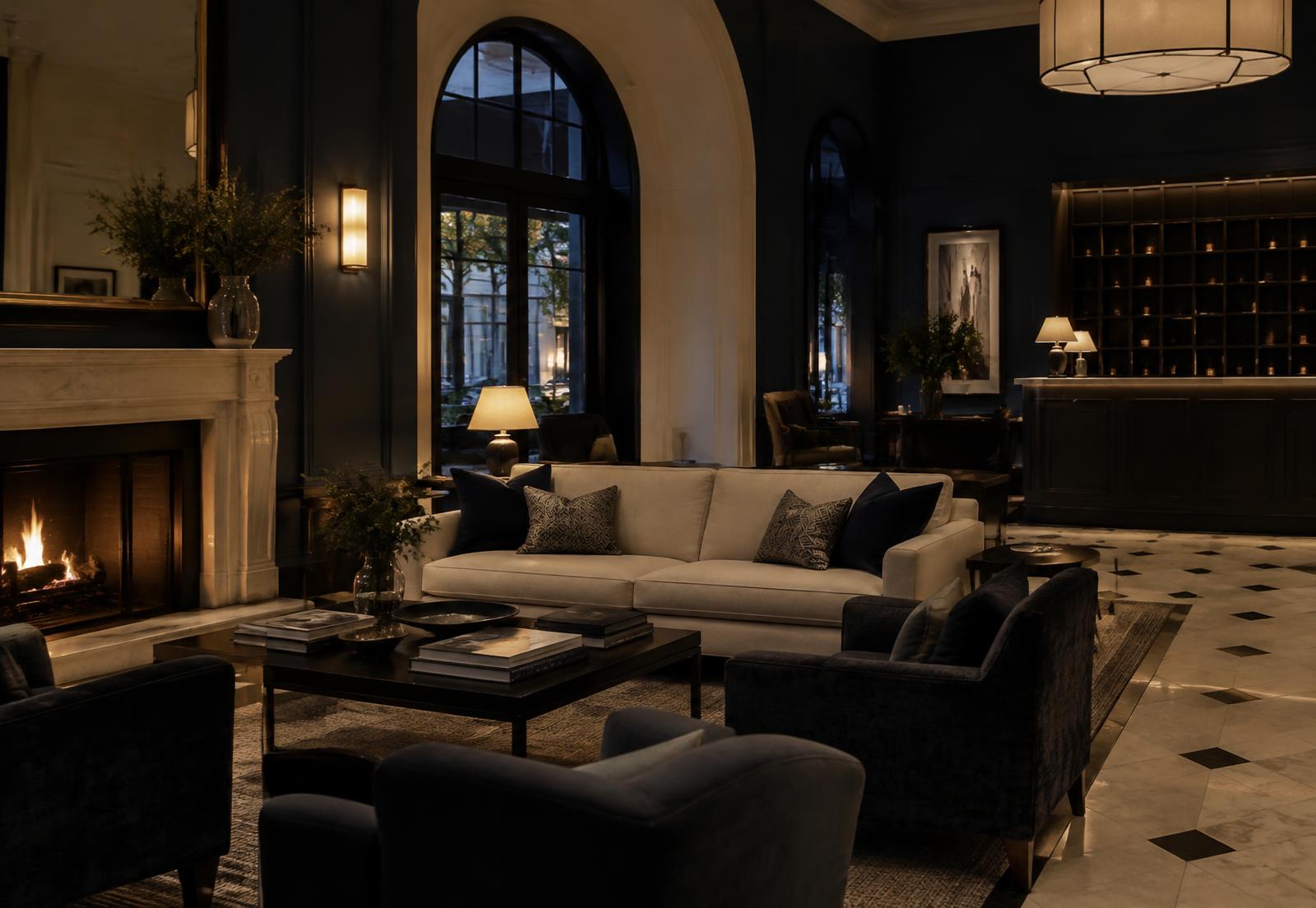 Sfeervolle lobby van een boutique hotel bij avondlicht